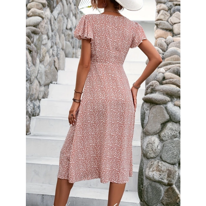 MDB Kadın Kısa Kollu önü Düğmeli Volanlı Minik Leopar Desen Midi Viskon Elbise