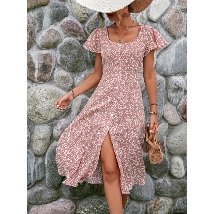 MDB Kadın Kısa Kollu önü Düğmeli Volanlı Minik Leopar Desen Midi Viskon Elbise