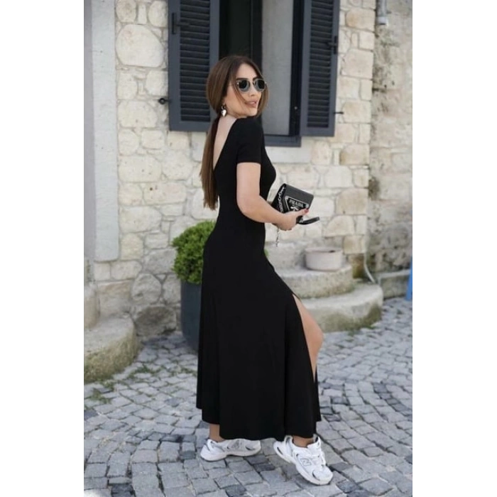 MDB Kadın Kısa Kollu Sırt Dekolte Detay önü çift Yırtmaçlı Viskon Elbise