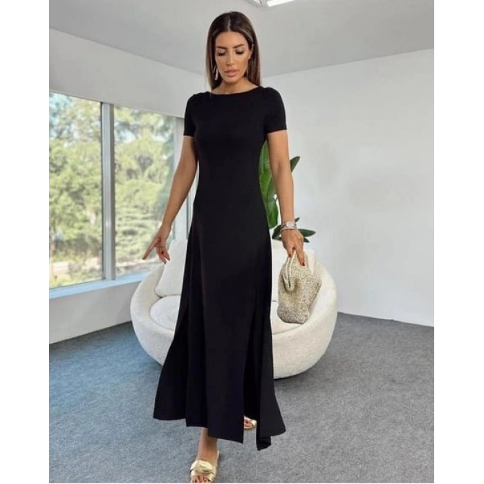 MDB Kadın Kısa Kollu Sırt Dekolte Detay önü çift Yırtmaçlı Viskon Elbise