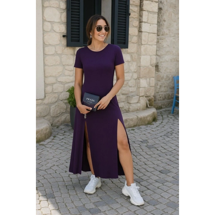 MDB Kadın Kısa Kollu Sırt Dekolteli Yırtmaç Detaylı Viskon Elbise