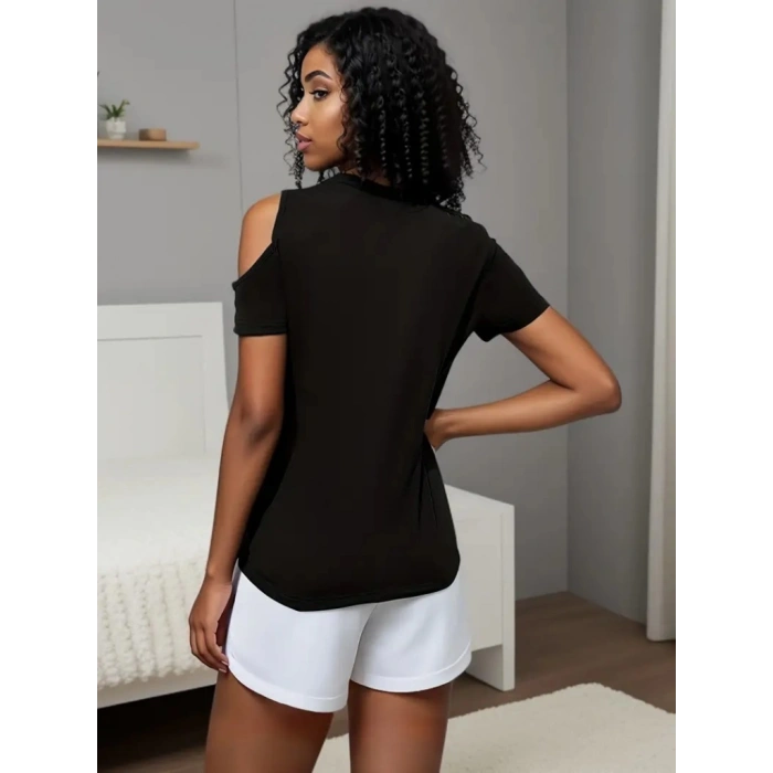 MDB Kadın Kısa Kollu Tek Omuzu Açık Damla Detaylı Viskon Bluz