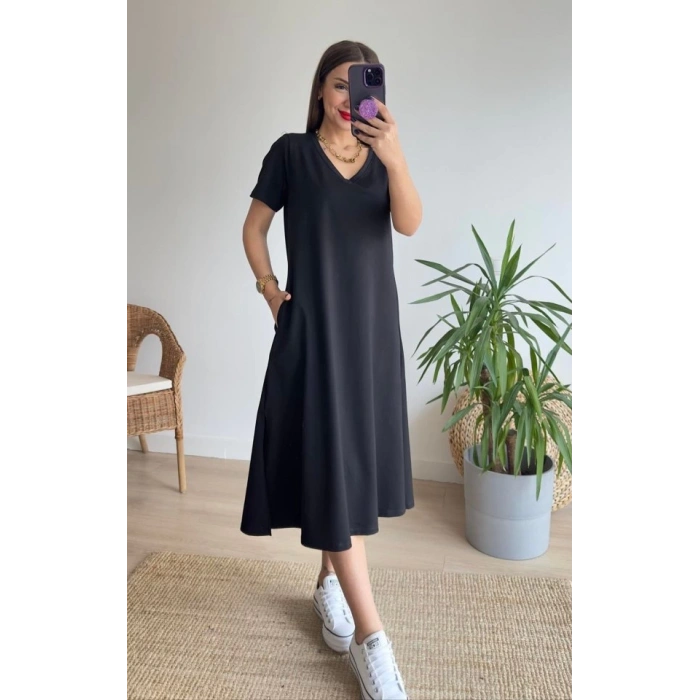 MDB Kadın Kısa Kollu V Yaka Cepli A Kesim Detaylı Viskon Elbise