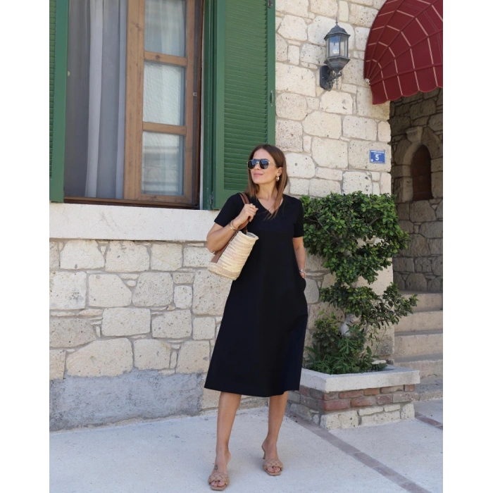 MDB Kadın Kısa Kollu V Yaka Cepli Viskon Elbise