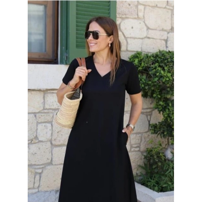 MDB Kadın Kısa Kollu V Yaka Cepli Viskon Elbise