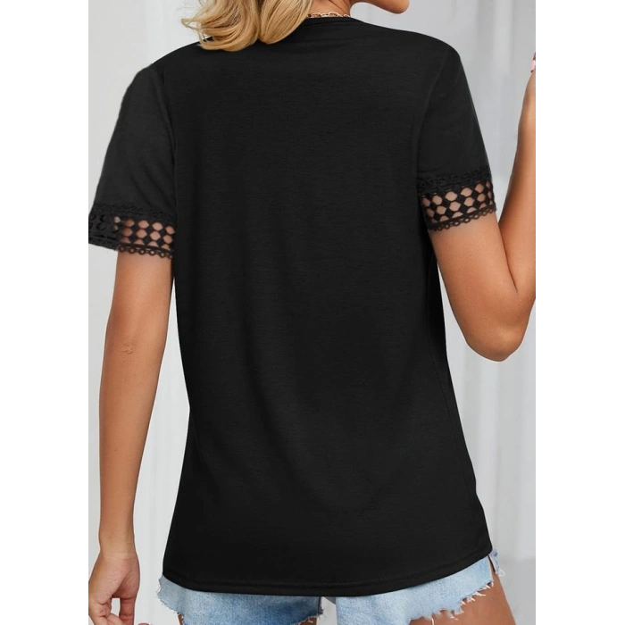 MDB Kadın Kısa Kollu V Yaka Dantel Yakalı Viskon Bluz