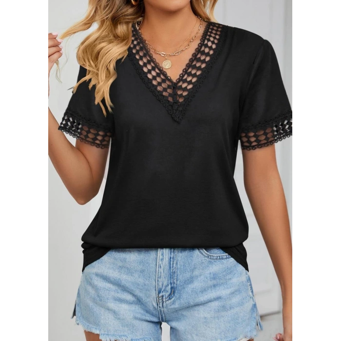 MDB Kadın Kısa Kollu V Yaka Dantel Yakalı Viskon Bluz