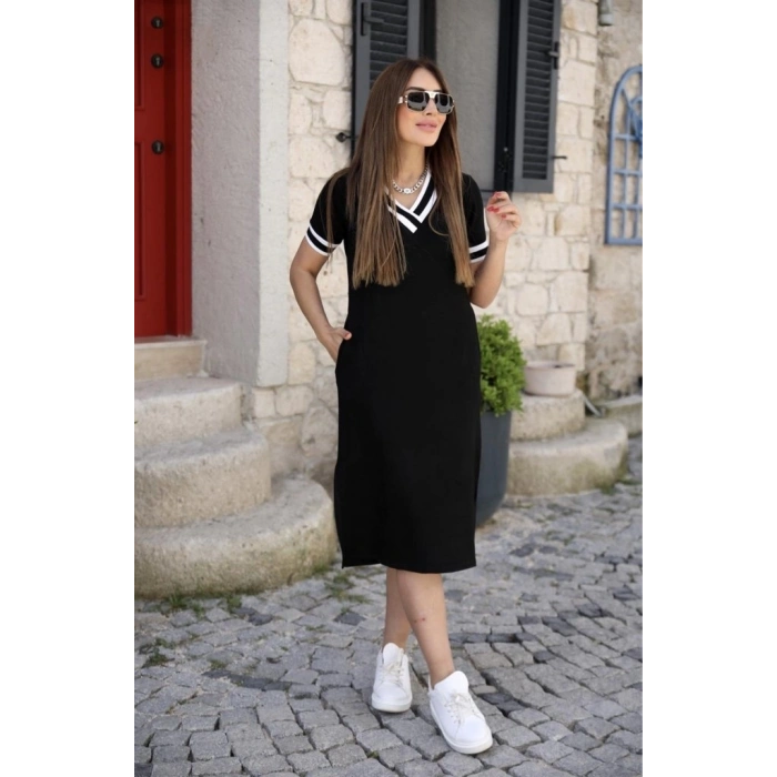 MDB Kadın Kısa Kollu V Yaka Kol Ve Yaka Ribana Detay Midi Boy Viskon Elbise