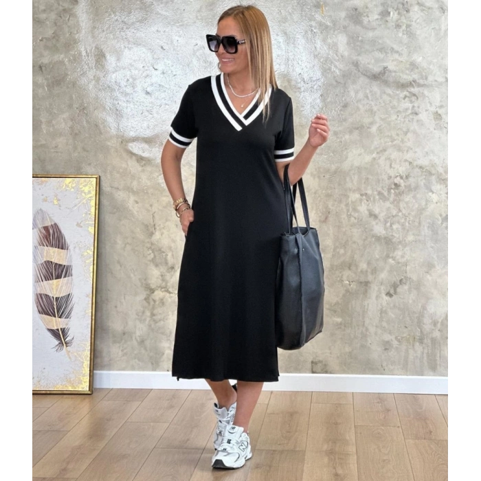 MDB Kadın Kısa Kollu V Yaka Kol Ve Yaka Ribana Detay Midi Boy Viskon Elbise