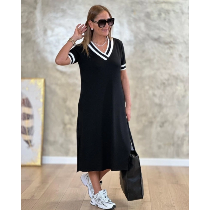 MDB Kadın Kısa Kollu V Yaka Kol Ve Yaka Ribana Detay Midi Boy Viskon Elbise