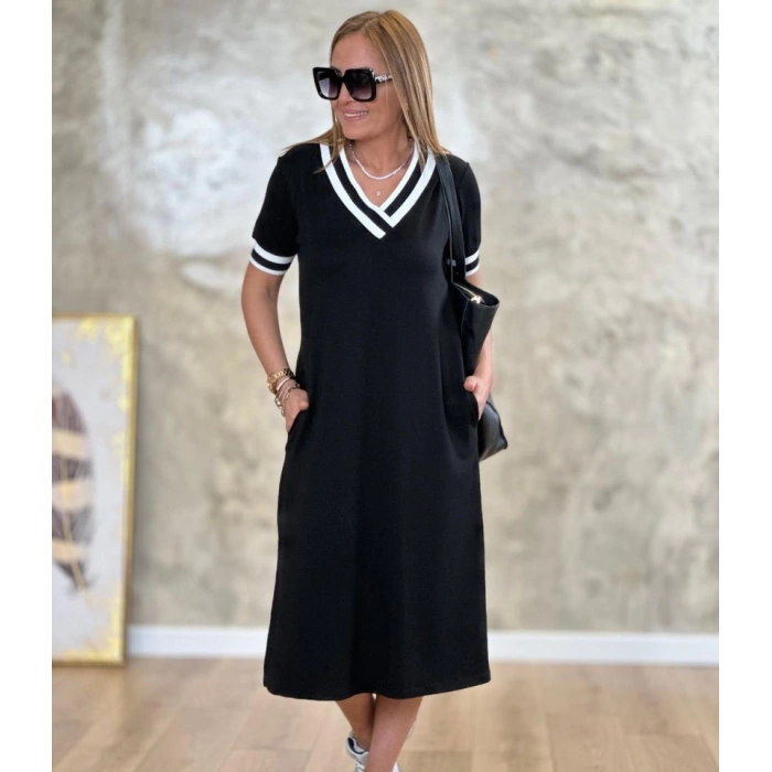 MDB Kadın Kısa Kollu V Yaka Kol Ve Yaka Ribana Detay Midi Boy Viskon Elbise