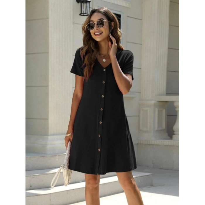 MDB Kadın Kısa Kollu V Yaka önü Düğmeli Viskon Elbise