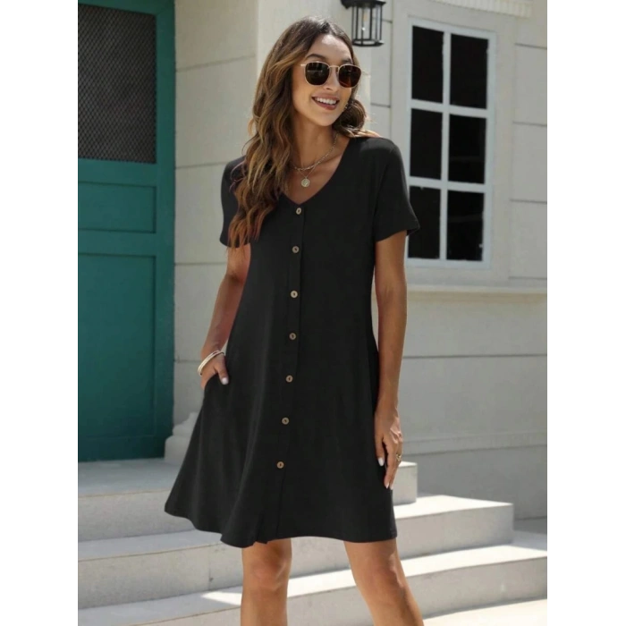 MDB Kadın Kısa Kollu V Yaka önü Düğmeli Viskon Elbise