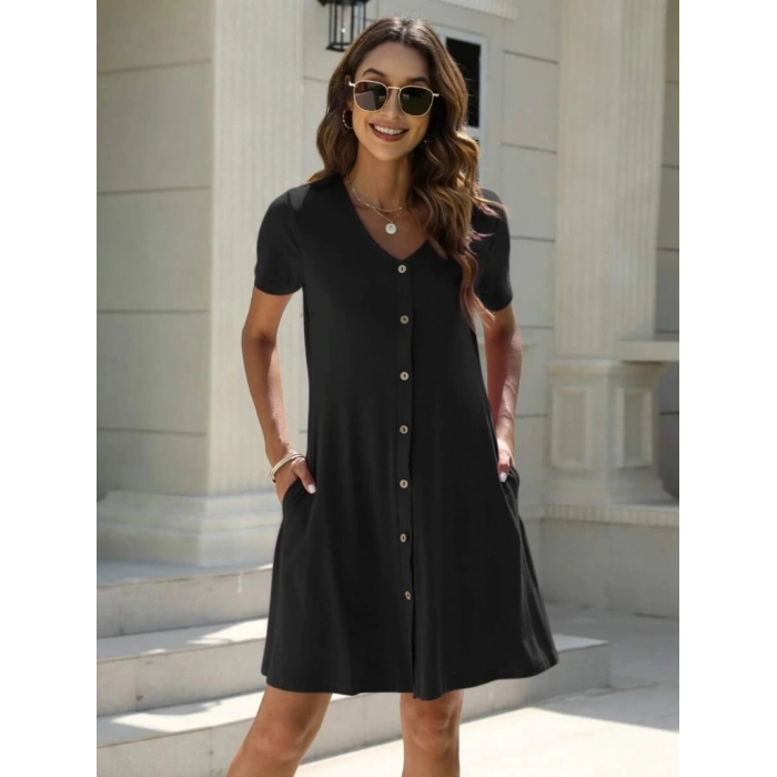 MDB Kadın Kısa Kollu V Yaka önü Düğmeli Viskon Elbise