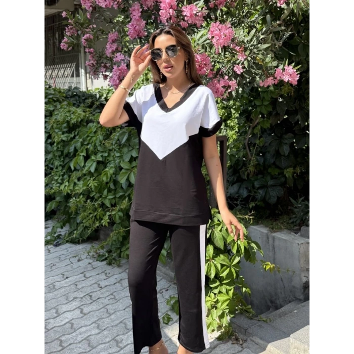 MDB Kadın Kısa Kollu V Yaka Siyah Beyaz Renkli Viskon Iki Iplik Kumaş Eşofman Takımı