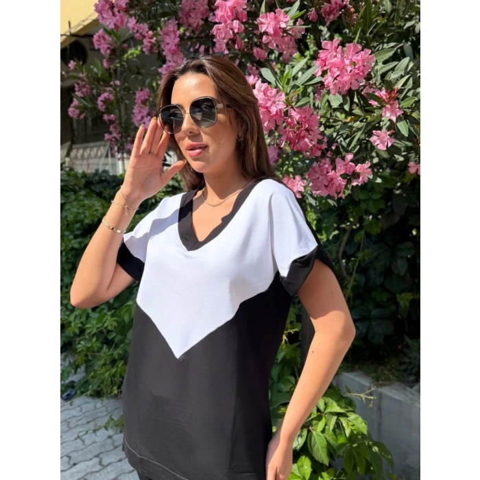 MDB Kadın Kısa Kollu V Yaka Siyah Beyaz Renkli Viskon Iki Iplik Kumaş Eşofman Takımı