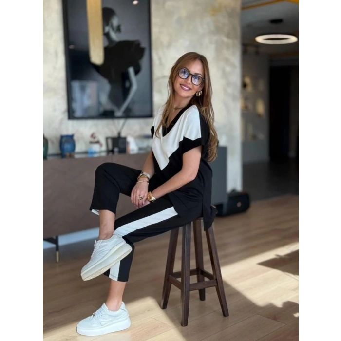 MDB Kadın Kısa Kollu V Yaka Siyah Beyaz Renkli Viskon Iki Iplik Kumaş Eşofman Takımı