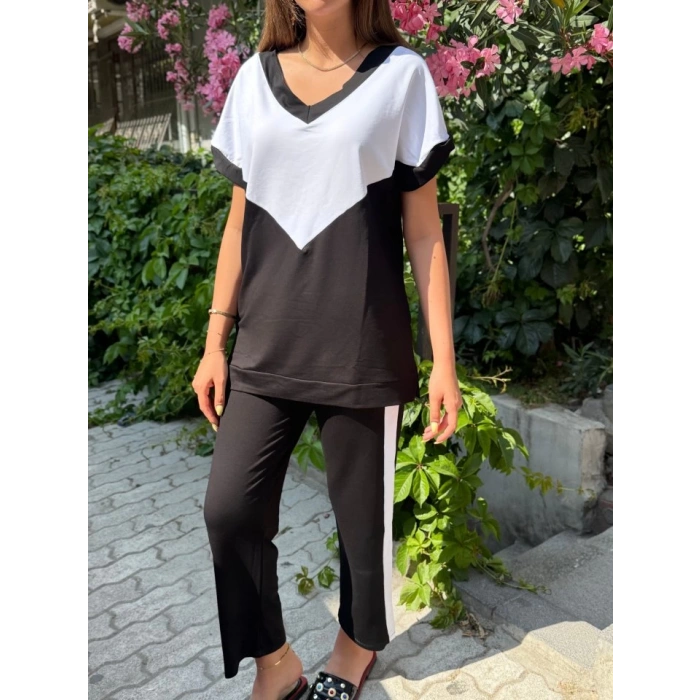 MDB Kadın Kısa Kollu V Yaka Siyah Beyaz Renkli Viskon Iki Iplik Kumaş Eşofman Takımı