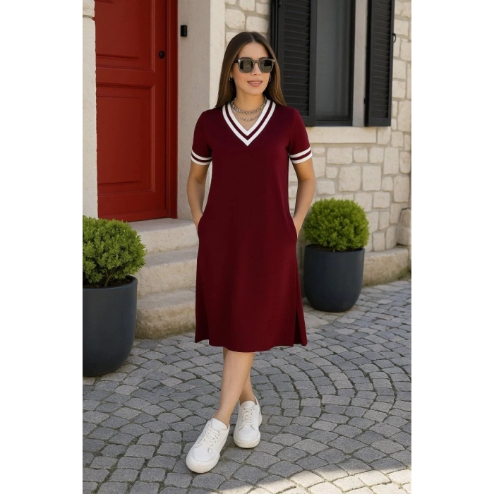 MDB Kadın Kısa Kollu V Yaka Ve Yaka Ribana Detay Midiboy Viskon Elbise