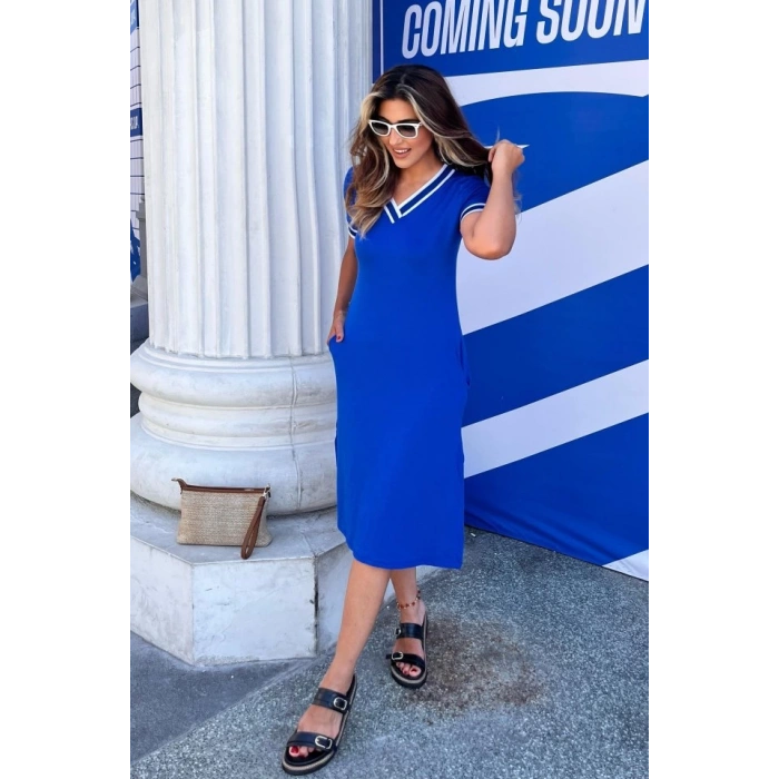 MDB Kadın Kısa Kollu V Yaka Ve Yaka Ribana Detay Midiboy Viskon Elbise