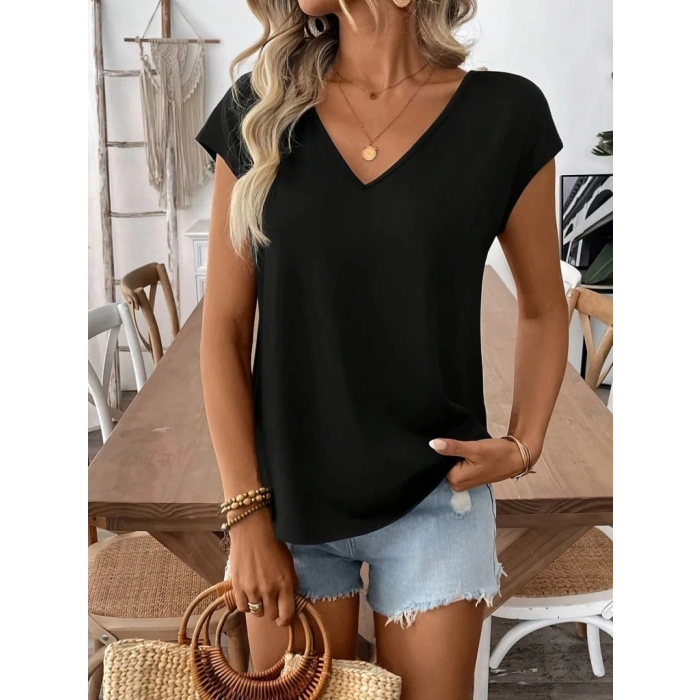 MDB Kadın Kısa Kollu V Yakalı Arkadan Kurdele Detaylı Viskon Bluz