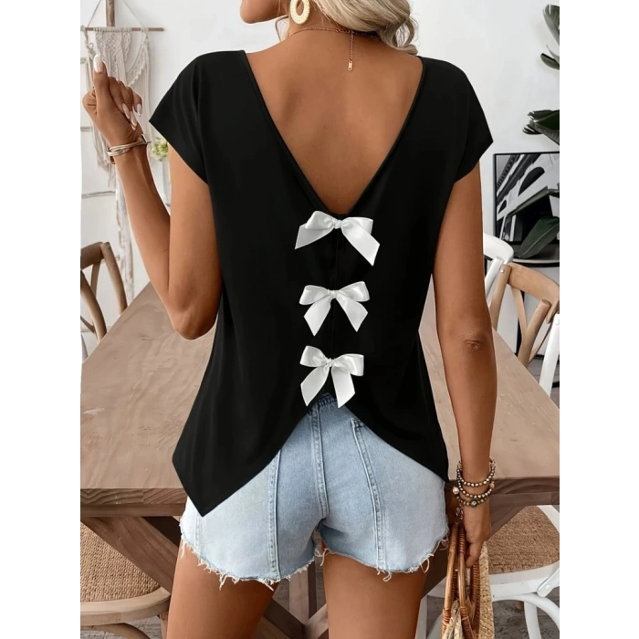 MDB Kadın Kısa Kollu V Yakalı Arkadan Kurdele Detaylı Viskon Bluz