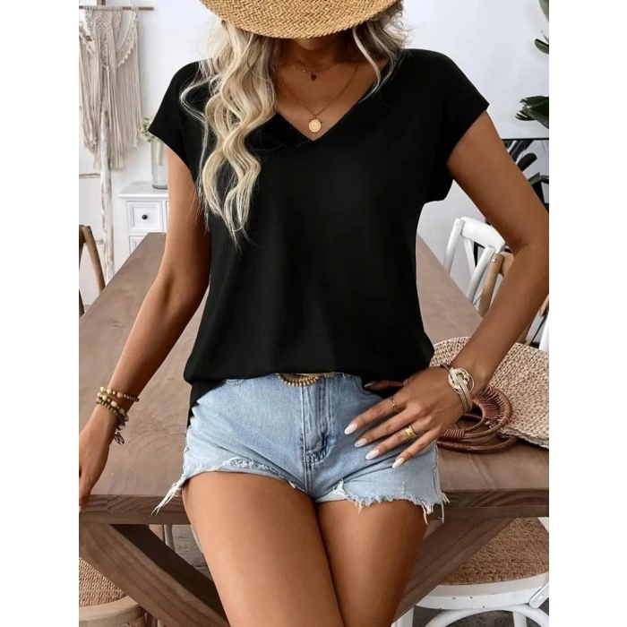 MDB Kadın Kısa Kollu V Yakalı Arkadan Kurdele Detaylı Viskon Bluz