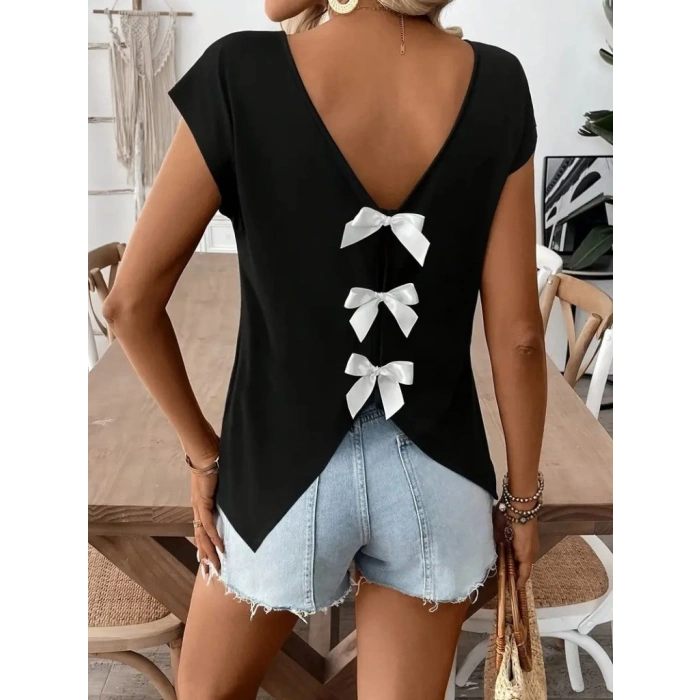 MDB Kadın Kısa Kollu V Yakalı Arkadan Kurdele Detaylı Viskon Bluz