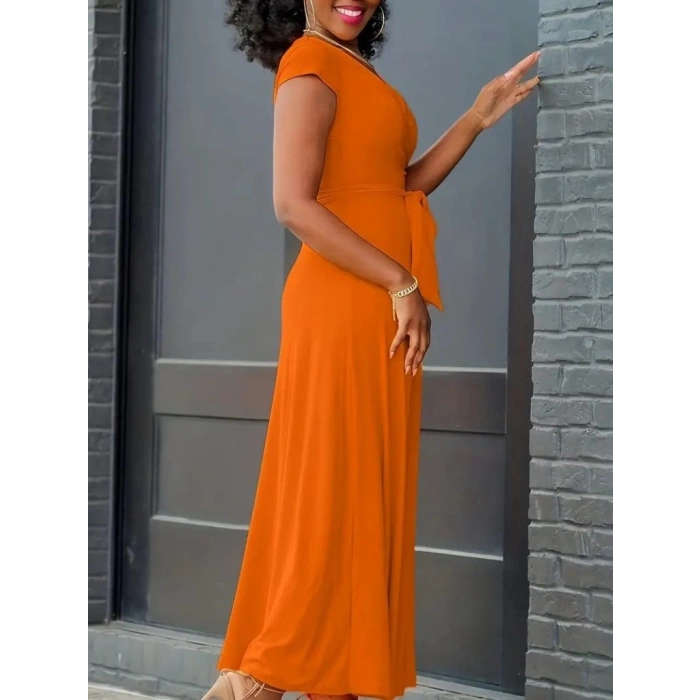 MDB Kadın Kısa Kollu V Yakalı Belden Kuşaklı Maksi Boy Viskon Elbise