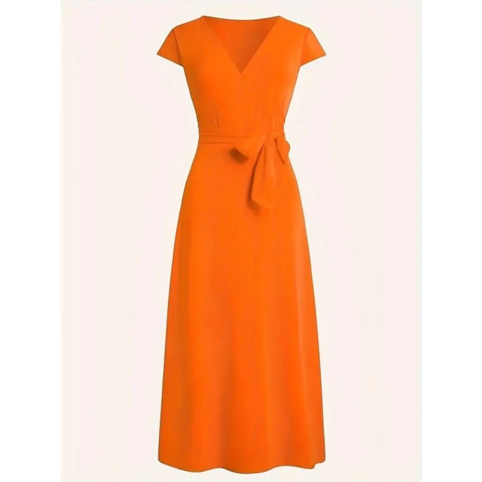 MDB Kadın Kısa Kollu V Yakalı Belden Kuşaklı Maksi Boy Viskon Elbise