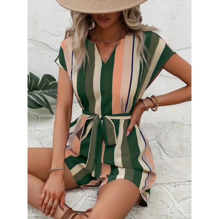 MDB Kadın Kısa Kollu V Yakalı Beli Kuşaklı Keten Tulum