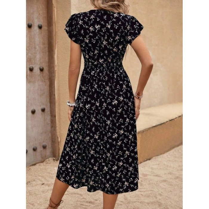 MDB Kadın Kısa Kollu V Yakalı Beli Lastikli çiçek Desenli Süprem Elbise