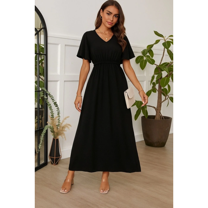 MDB Kadın Kısa Kollu V Yakalı Beli Lastikli Uzun Viskon Elbise