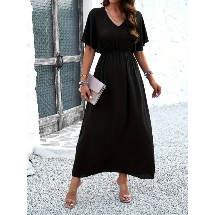 MDB Kadın Kısa Kollu V Yakalı Beli Lastikli Uzun Viskon Elbise