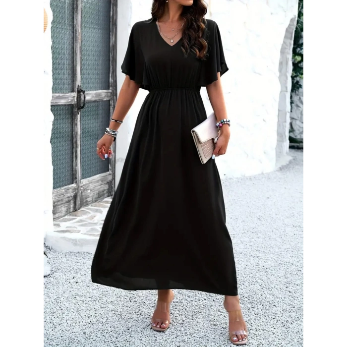 MDB Kadın Kısa Kollu V Yakalı Beli Lastikli Uzun Viskon Elbise