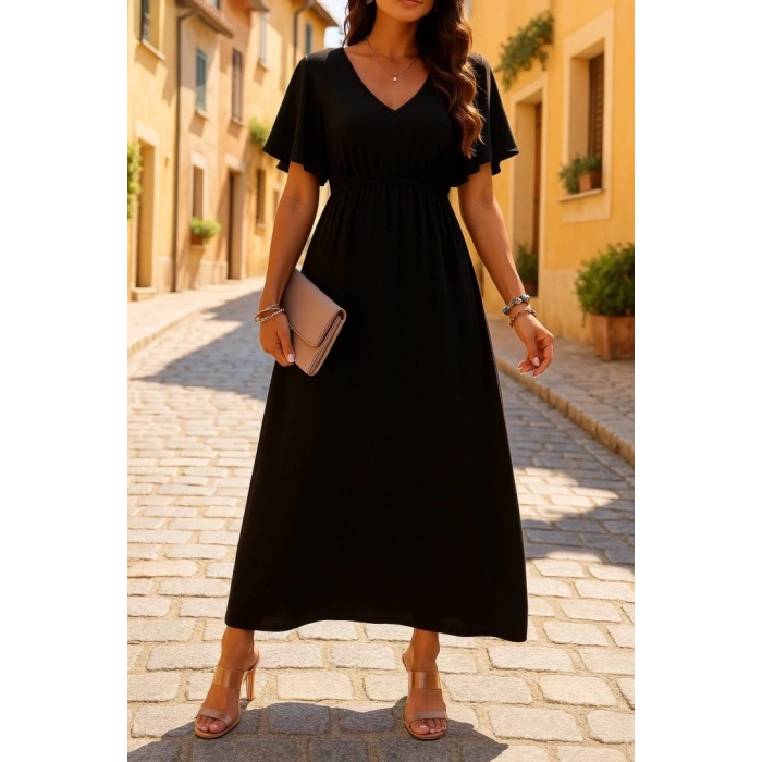 MDB Kadın Kısa Kollu V Yakalı Beli Lastikli Uzun Viskon Elbise