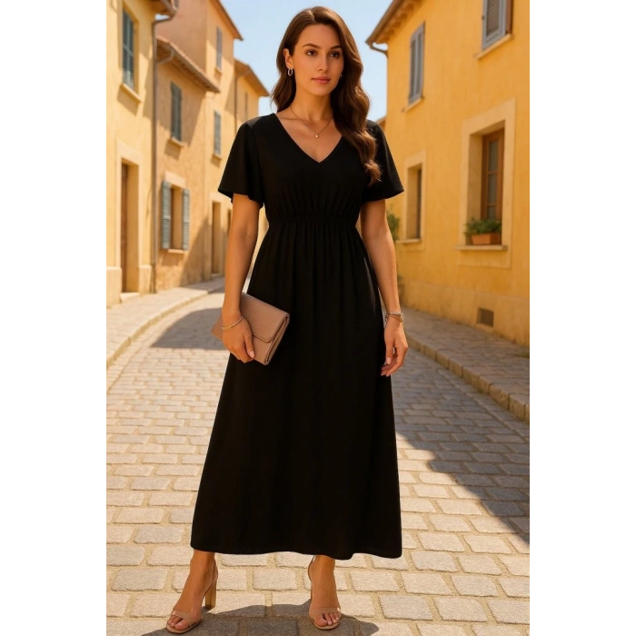 MDB Kadın Kısa Kollu V Yakalı Beli Lastikli Uzun Viskon Elbise