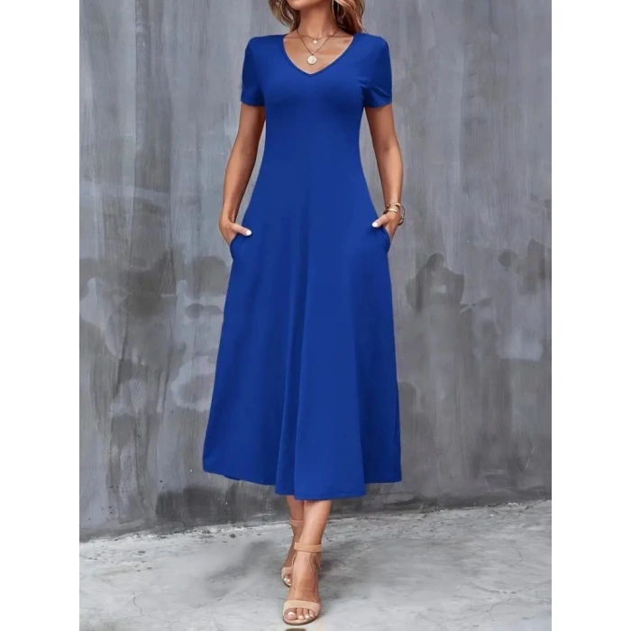 MDB Kadın Kısa Kollu V Yakalı Cepli Viskon Elbise