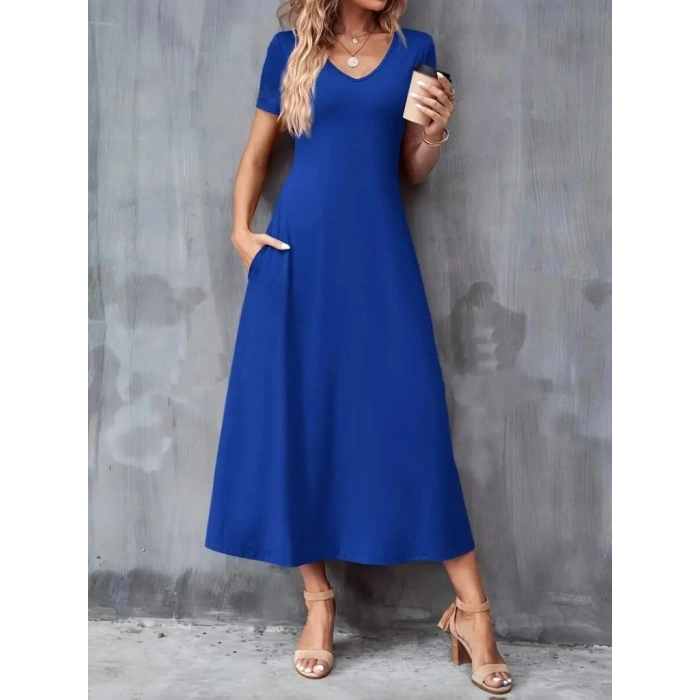 MDB Kadın Kısa Kollu V Yakalı Cepli Viskon Elbise