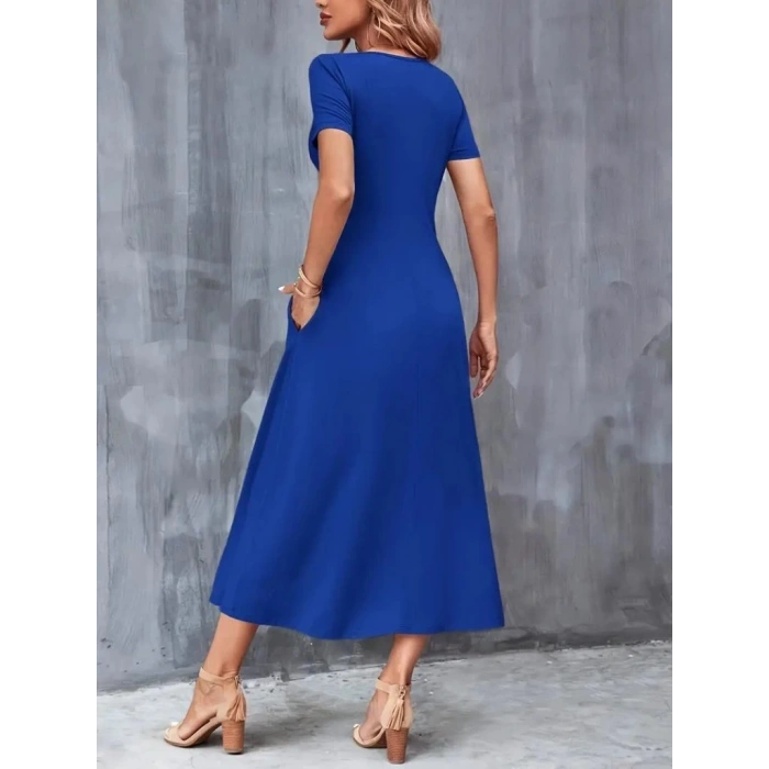 MDB Kadın Kısa Kollu V Yakalı Cepli Viskon Elbise