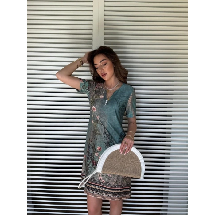 MDB Kadın Kısa Kollu V Yakalı çiçek Baskılı Midi Süprem Elbise