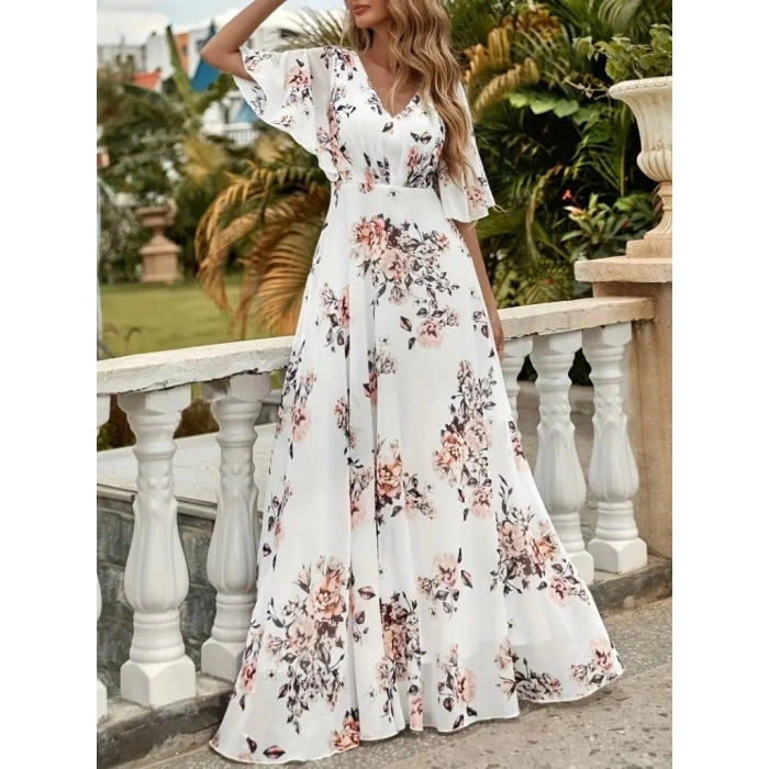 MDB Kadın Kısa Kollu V Yakalı çiçek Desenli Süprem Elbise