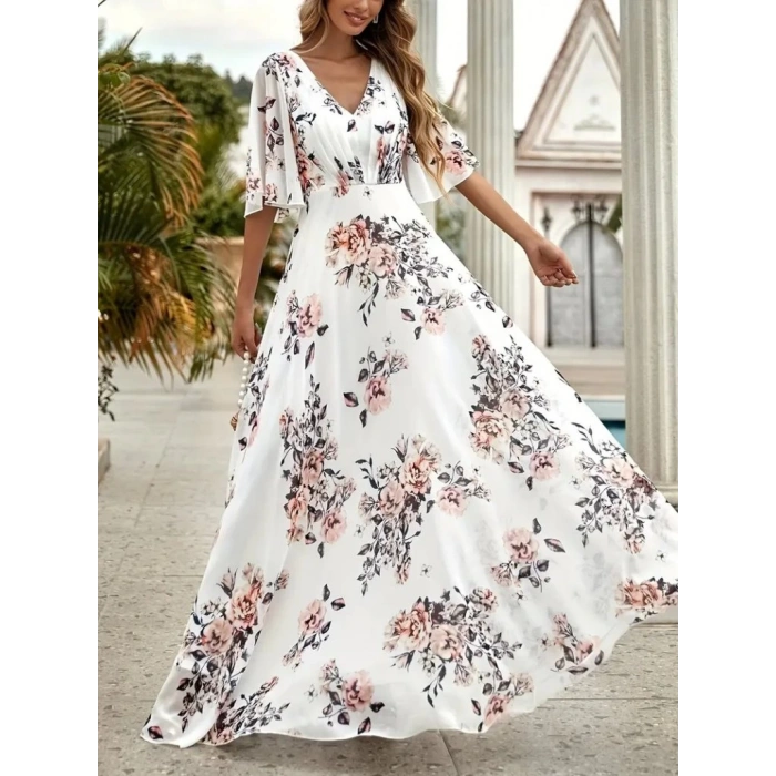 MDB Kadın Kısa Kollu V Yakalı çiçek Desenli Süprem Elbise