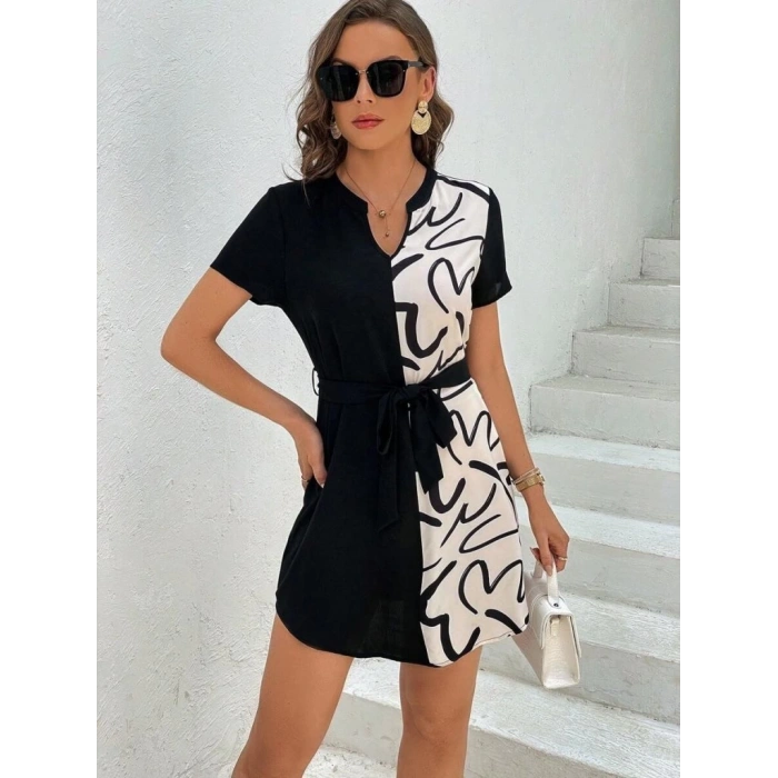 MDB Kadın Kısa Kollu V Yakalı çift Renkli Desenli Beli Kuşaklı Atlas Elbise
