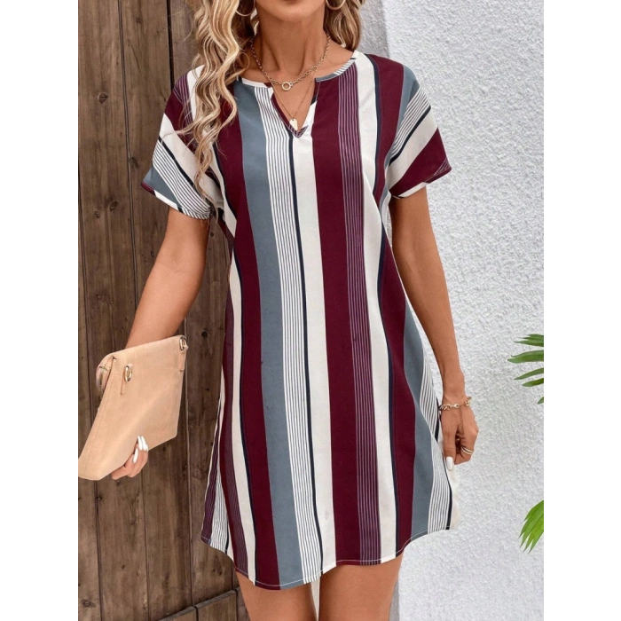 MDB Kadın Kısa Kollu V Yakalı çizgi Baskılı Süprem Elbise