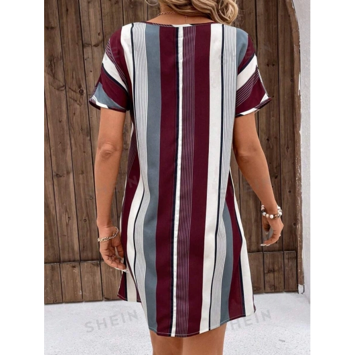 MDB Kadın Kısa Kollu V Yakalı çizgi Baskılı Süprem Elbise