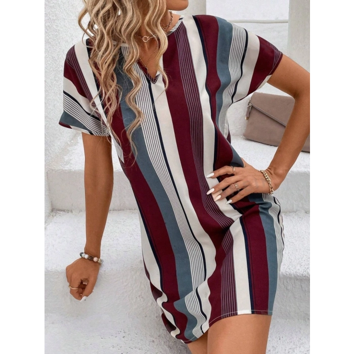MDB Kadın Kısa Kollu V Yakalı çizgi Baskılı Süprem Elbise