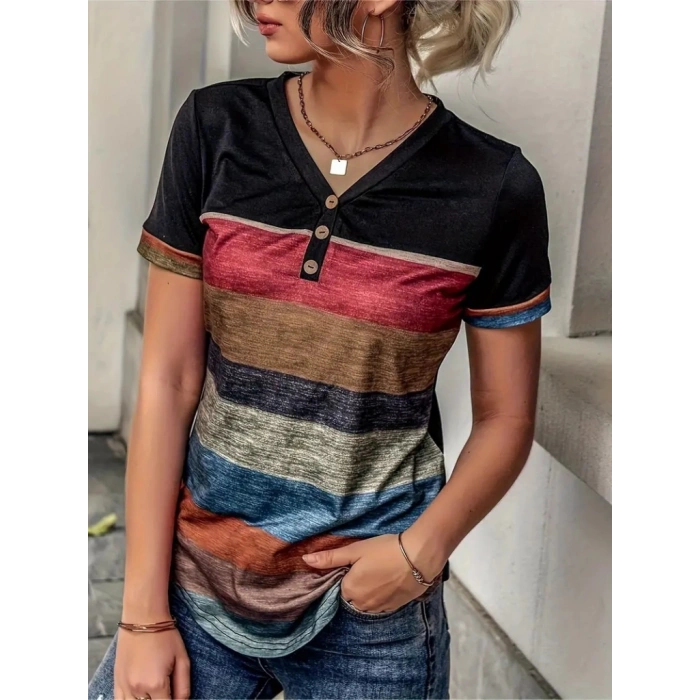 MDB Kadın Kısa Kollu V Yakalı Düğmeli çok Renkli Süprem Bluz