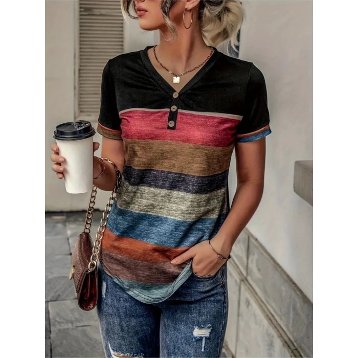 MDB Kadın Kısa Kollu V Yakalı Düğmeli çok Renkli Süprem Bluz