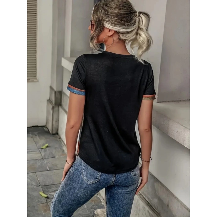 MDB Kadın Kısa Kollu V Yakalı Düğmeli çok Renkli Süprem Bluz